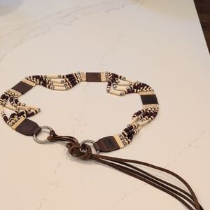 Beaded Leather Belt With Leather Strand Tie Closure Size S Boho Southwestern